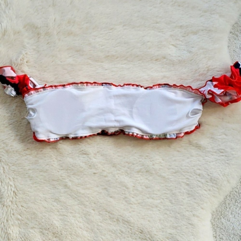 Red Flower Bandeau Off Shoulder Bikini Set Swimsuit - Picture 4 of 7